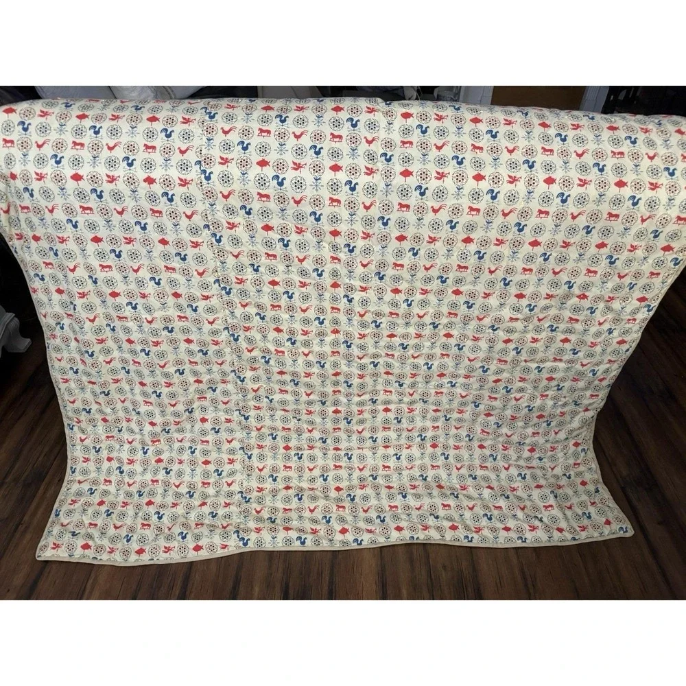 VTG Hand-Made Patchwork‎ Quilt Yarn Tied 64x80 Farmhouse Chickens Cottagecore